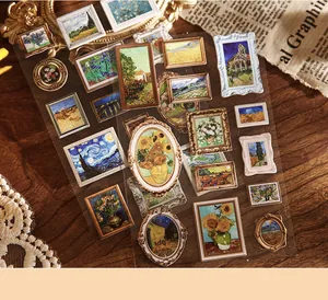 Primo piano di adesivi vintage a olio in rilievo con motivi di Van Gogh fai-da-te