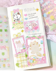 Detailed macro view of NOTE FOR pixel art pet stickers applied on a decorative scrapbook page