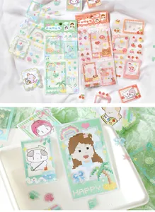 Detailed view of pixel-art PET stickers with cute frame designs and characters.