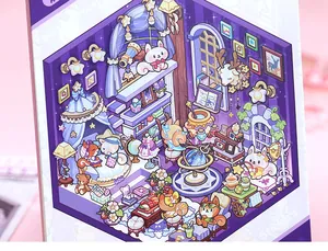 Detailgetreues Miniaturzimmer-Stickerbuch-Illustration in Violett mit Tieren