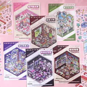 Kreatives Miniatur-Szenen-Stickerbuch mit DIY-Puppenhaus-Designs für Kinder.