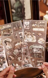 Detailed view of vintage cafe themed PET transfer stickers featuring Victorian figures and coffee art