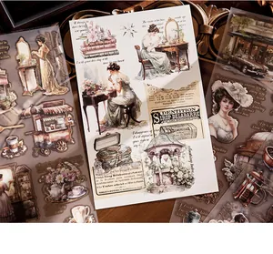 Detailed close-up showing vintage PET transfer stickers with Victorian lady illustrations.