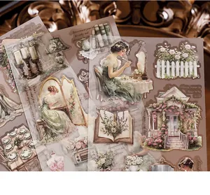 Decorative vintage PET landscape stickers featuring elegant ladies and garden motifs