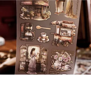 Detailed view of vintage PET transfer stickers with retro coffee and tea set themes.