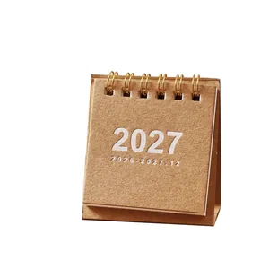 Mini calendrier de bureau 2027 minimaliste avec couverture en kraft et spirale d'or
