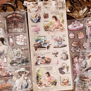 Vintage PET transfer stickers with watercolor illustrations for scrapbooking and DIY decor