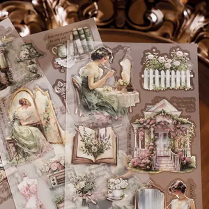 Vintage PET transfer stickers with retro women and floral patterns for scrapbooking