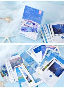 A detailed view showing a set of scenic ocean postcards and decorative greeting cards
