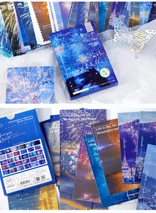 Artistic Starry Sea postcards and packaging with luminous firework designs.