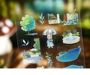 Detailed view of vintage scenery PET stickers for DIY scrapbooking decoration.