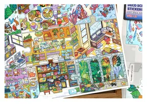Detailed view of large scenery stickers for DIY journals with colorful lifestyle illustrations