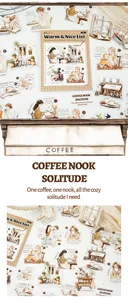 Detailed close-up of PET stickers featuring cozy lifestyle and coffee theme illustrations