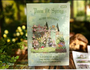 Close-up of Poem Of Spring retro sticker box with cute rabbit garden illustration.