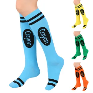 Colorful knee-high crayon costume socks with two black stripes for Halloween party