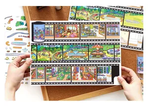 Close-up view of film strip landscape stickers for DIY scrapbooking and planner decoration