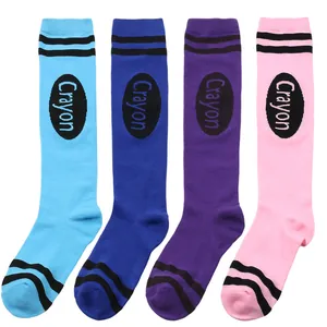 Colorful knee-high socks featuring Crayon print and black stripes for Halloween costumes.