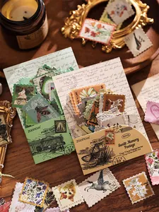 Close-up of vintage pastoral postage stamp stickers for scrapbooking DIY decoration set