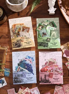 Vintage postage stamp sticker packs in four aesthetic themes for scrapbooking