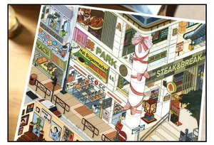 Detailed macro view of Infeel.Me miniature city shopping mall scene sticker for journaling.