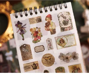 Detail of vintage European style stickers with floral and fairy illustrations for DIY