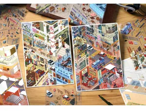 Vibrant isometric city shop stickers for creative miniature landscape journaling