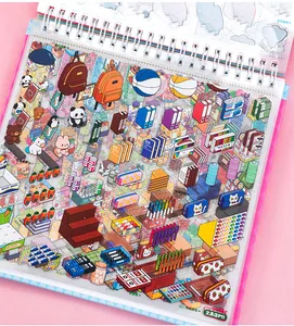 Detailed view of colorful miniature grocery and stationery stickers in a DIY book