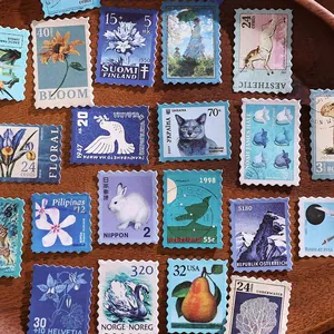 Vintage aesthetic postage stamp stickers with floral and animal patterns for DIY