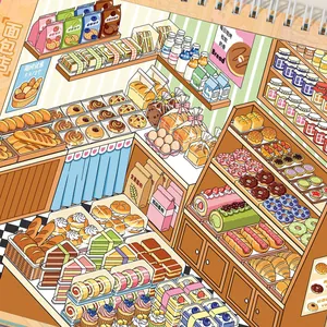 Colorful bakery scene illustration from miniature scenery stress relief sticker book