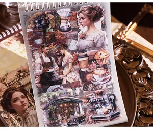Vintage aesthetic sticker book featuring Victorian figures and coffee themes for journaling.
