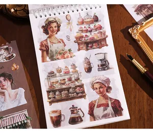 Detail of vintage cafe style stickers featuring pastries and bakers