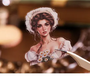 Vintage style sticker detail showing a woman with daisy flowers for journaling material