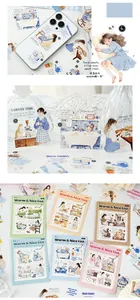 Decorative PET stickers featuring lifestyle illustrations on a phone case and bottles
