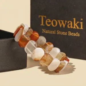 Natural faceted agate stone bracelet 11x15mm with irregular orange and white beads