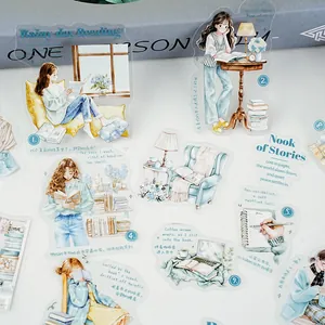 Aesthetic healing girl reading themed PET stickers for journaling and DIY scrapbooking