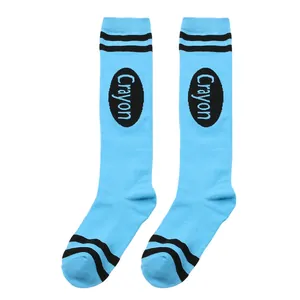 Vibrant blue Crayon-themed knee-high socks featuring black stripes and oval graphic detail