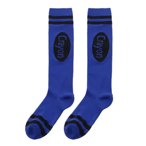 Close-up of blue crayon-style knee high socks perfect for Halloween party costumes