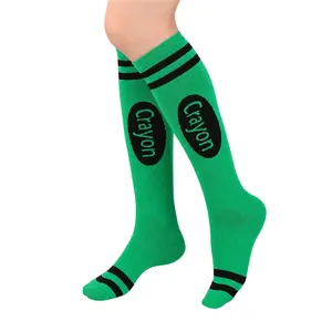 Detailed view of green crayon-themed knee-high socks for Halloween costumes