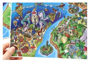 Close-up detail view of a large fantasy island sticker with vibrant monsters and buildings