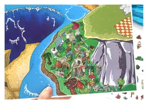 Detailed macro view showing a large cartoon island landscape sticker with vibrant colors