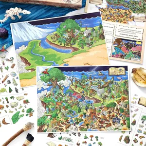 Large landscape sticker set with colorful cartoon DIY map and characters for students.