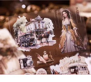 Vintage style die-cut stickers for scrapbooking featuring 18th-century lady and carriage