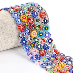 Detailed macro view of 10mm colorful millefiori floral glass beads for DIY necklaces
