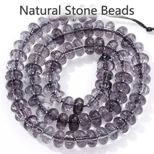 Macro detail of 5x8mm smoky purple crystal abacus beads with natural ice crackle textures.