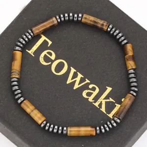 Natural Yellow Tiger Eye Bracelet Cylindrical Hematite Spacer Beads Handmade Polished Stone Beaded Jewelry For Men Women