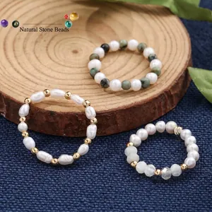 Ring-Set aus Naturperlen und Edelsteinen mit Bergkristall und African Pine