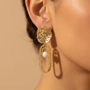 Boucles d'Oreilles Pendantes Martelées en Acier Inoxydable Plaqué Or pour Femmes Mode Perle d'Eau Douce Chaîne Bijoux Texturés Vintage