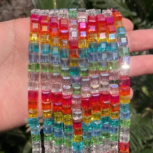 Rainbow Square Faceted Artificial Crystal Glass Beads Cube Spacer Beads For DIY Jewelry Making Bracelet Necklace Accessories