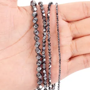 Natural Hematite 8 Faceted Cut Round Loose Beads For DIY Jewelry Making Bracelet Necklace Accessories Metallic Silver Black