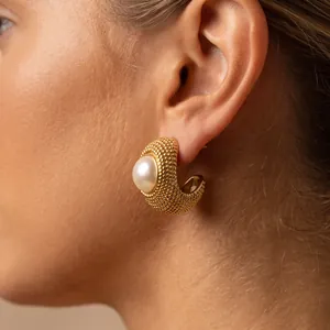 316 Roestvrij Staal Parel Oorknopjes Goud Zilver Verguld Vintage Geweven Textuur Lichtgewicht Oorbellen Voor Vrouwen Sieraden